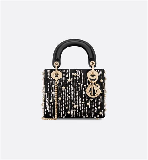 Borsa piccola Lady Dior Raso nero ricamato con strass argento